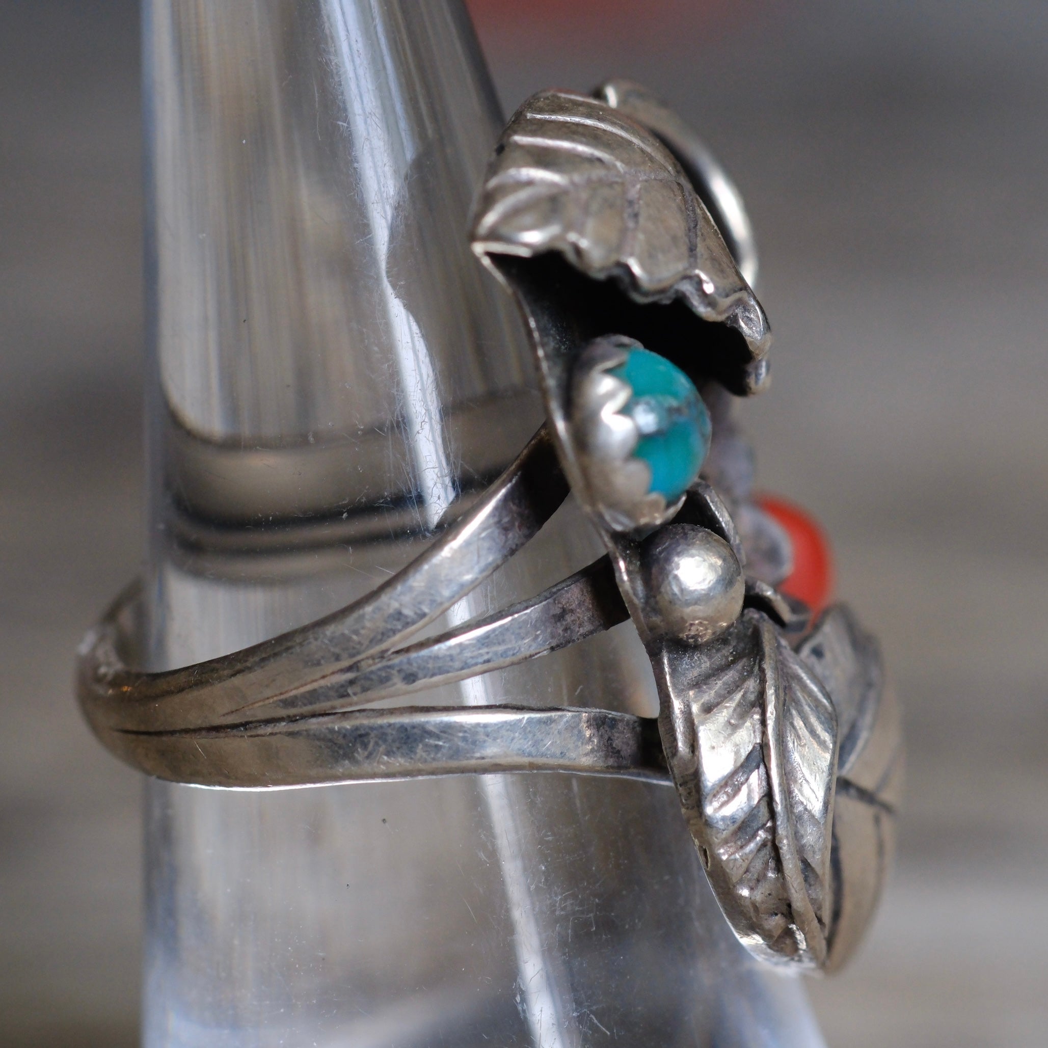 Vintage Sterling Turquoise and Coral Feather Ring 6.5