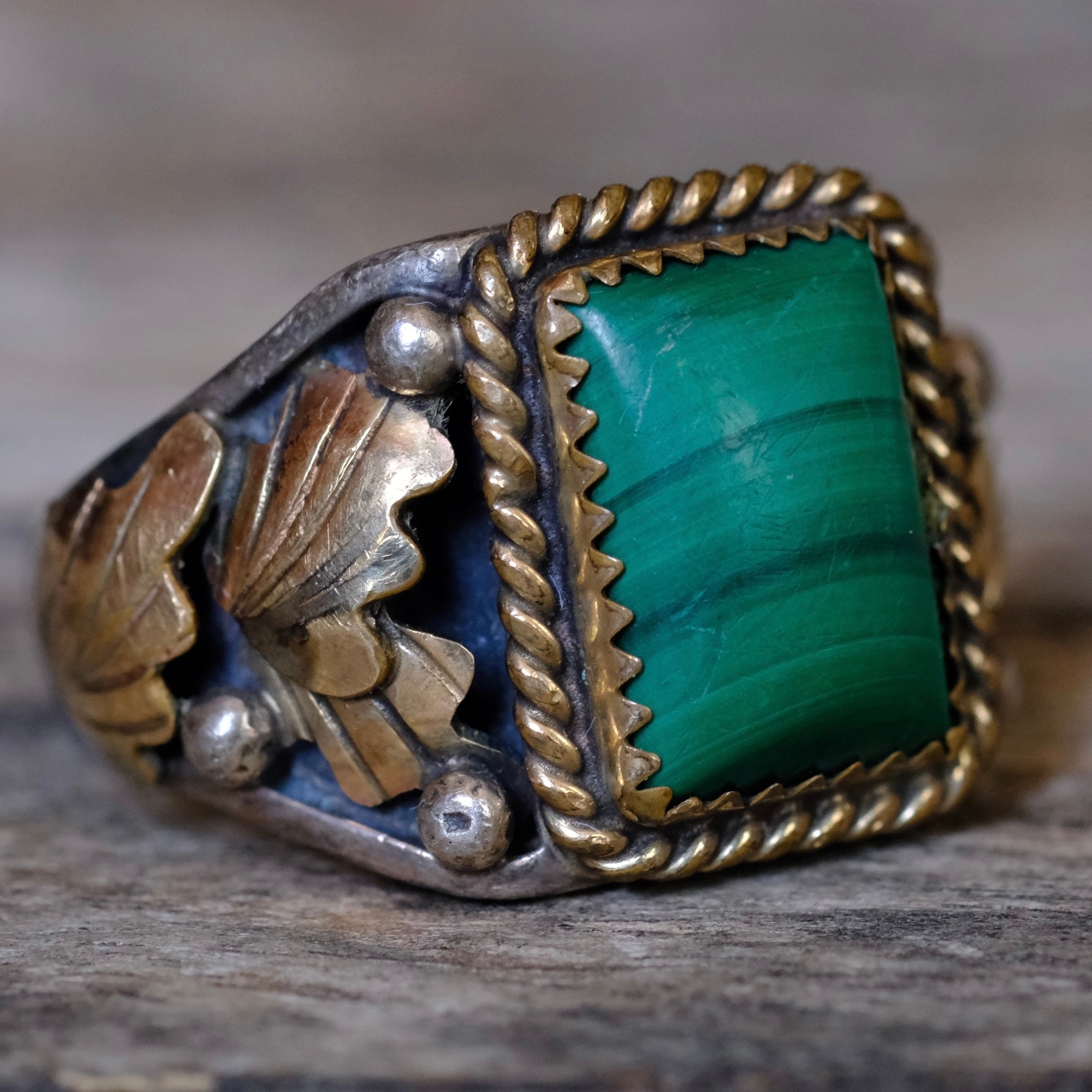 Vintage Sterling Malachite Feather Ring 11