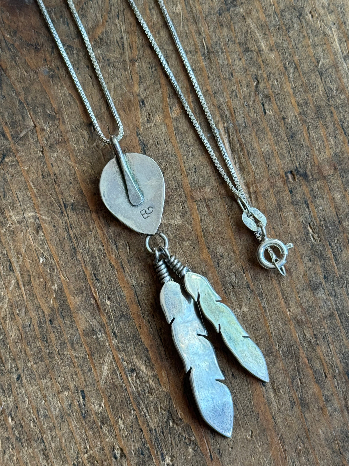 Vintage Sterling Silver Turquoise Feather Shadowbox Necklace