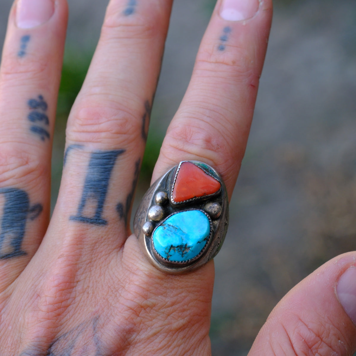 Vintage Sterling Turquoise and Coral Ring 11