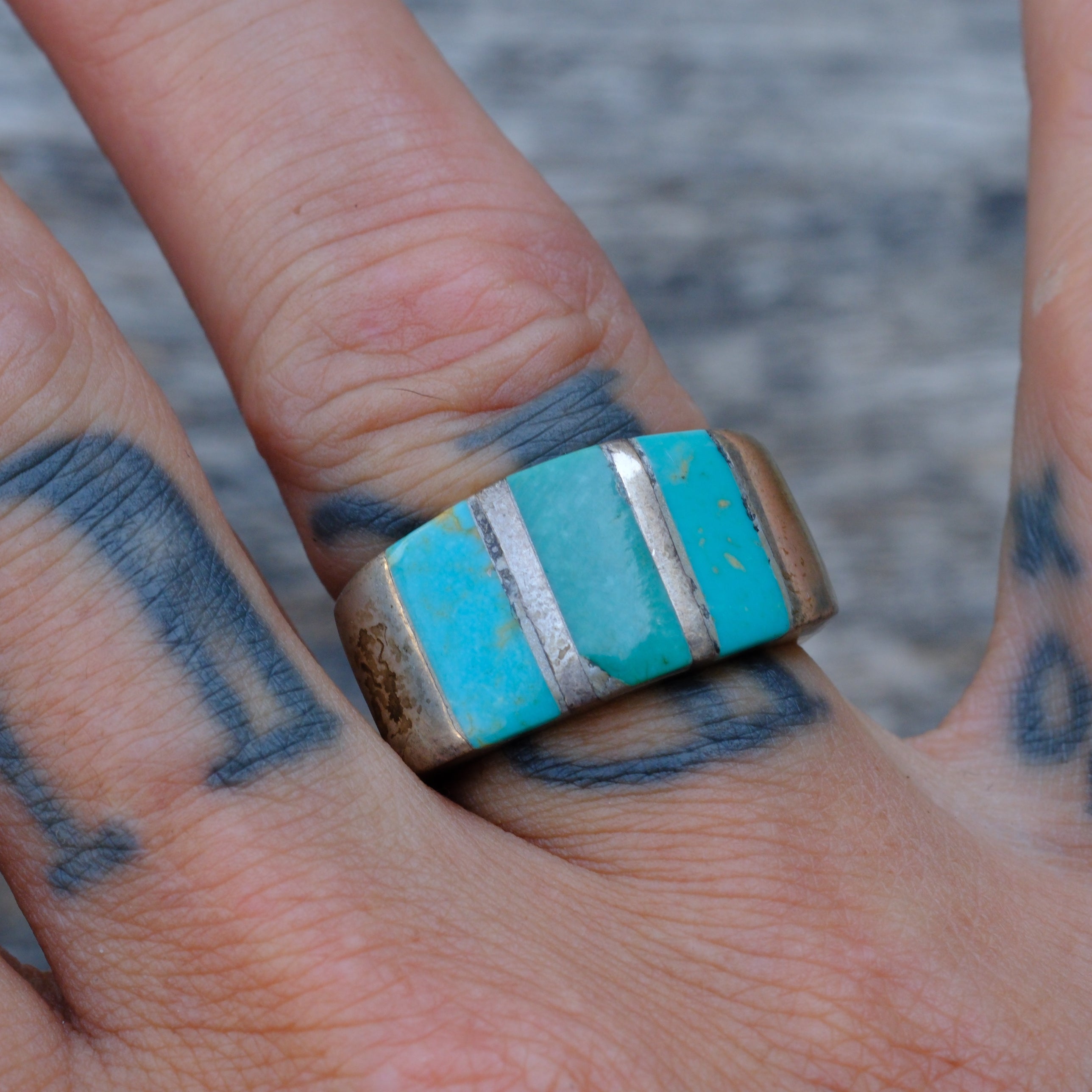 Vintage Sterling Thick Turquoise Inlay Band Ring 8