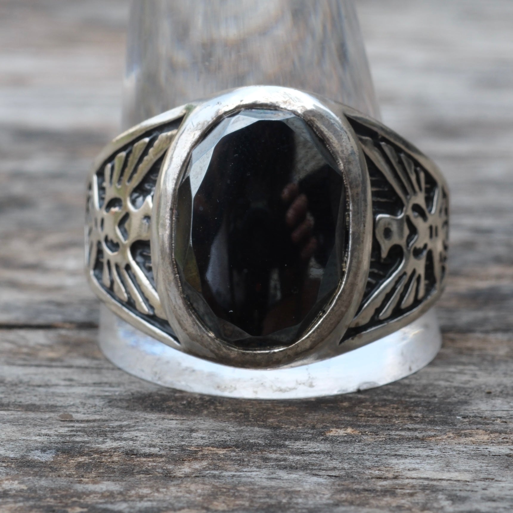 Vintage Sterling Hematite Thunderbird Ring 15