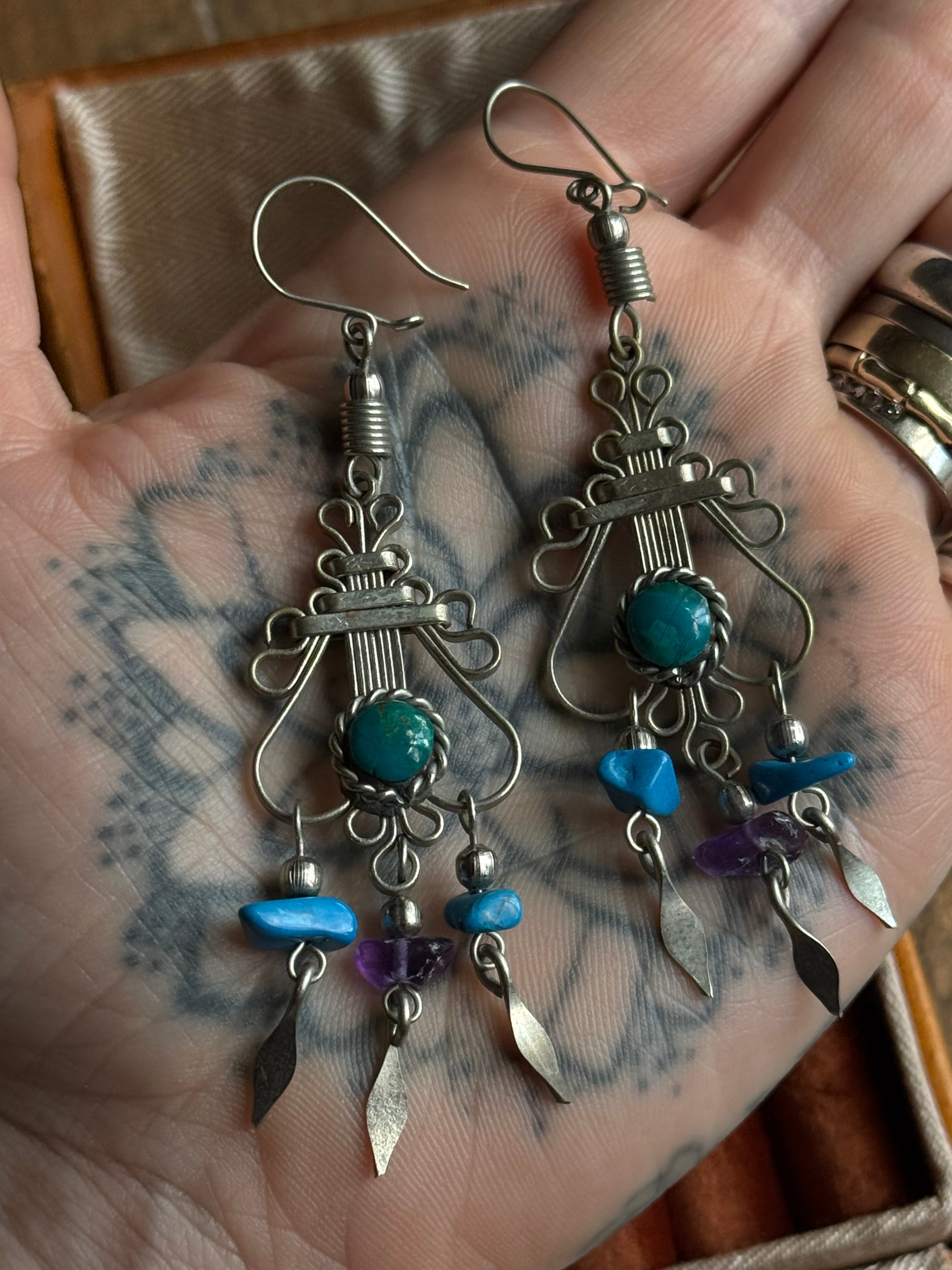 Vintage Sterling Silver Turquoise & Amethyst Chandelier Earrings