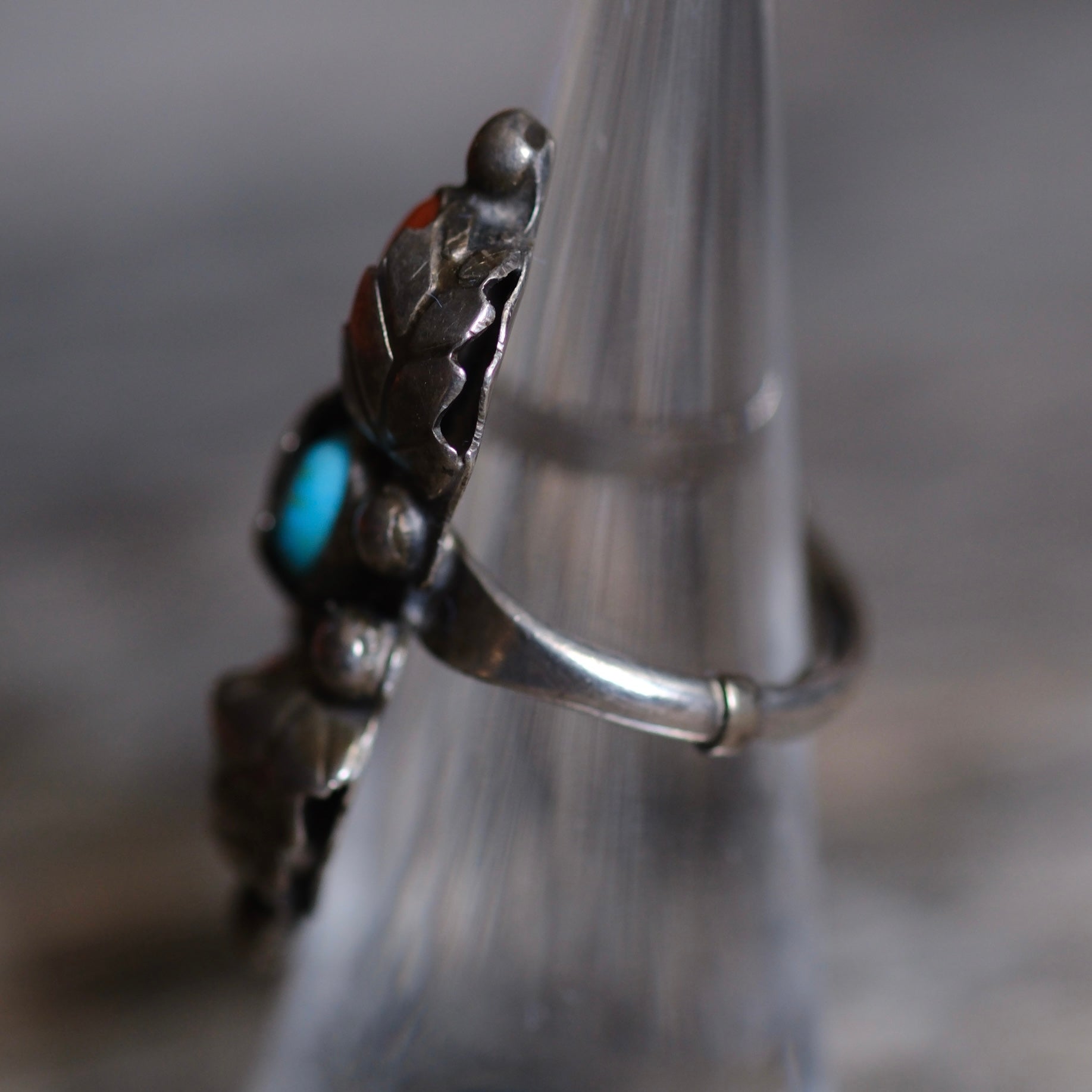 Vintage Sterling Turquoise and Coral Feather Ring 6