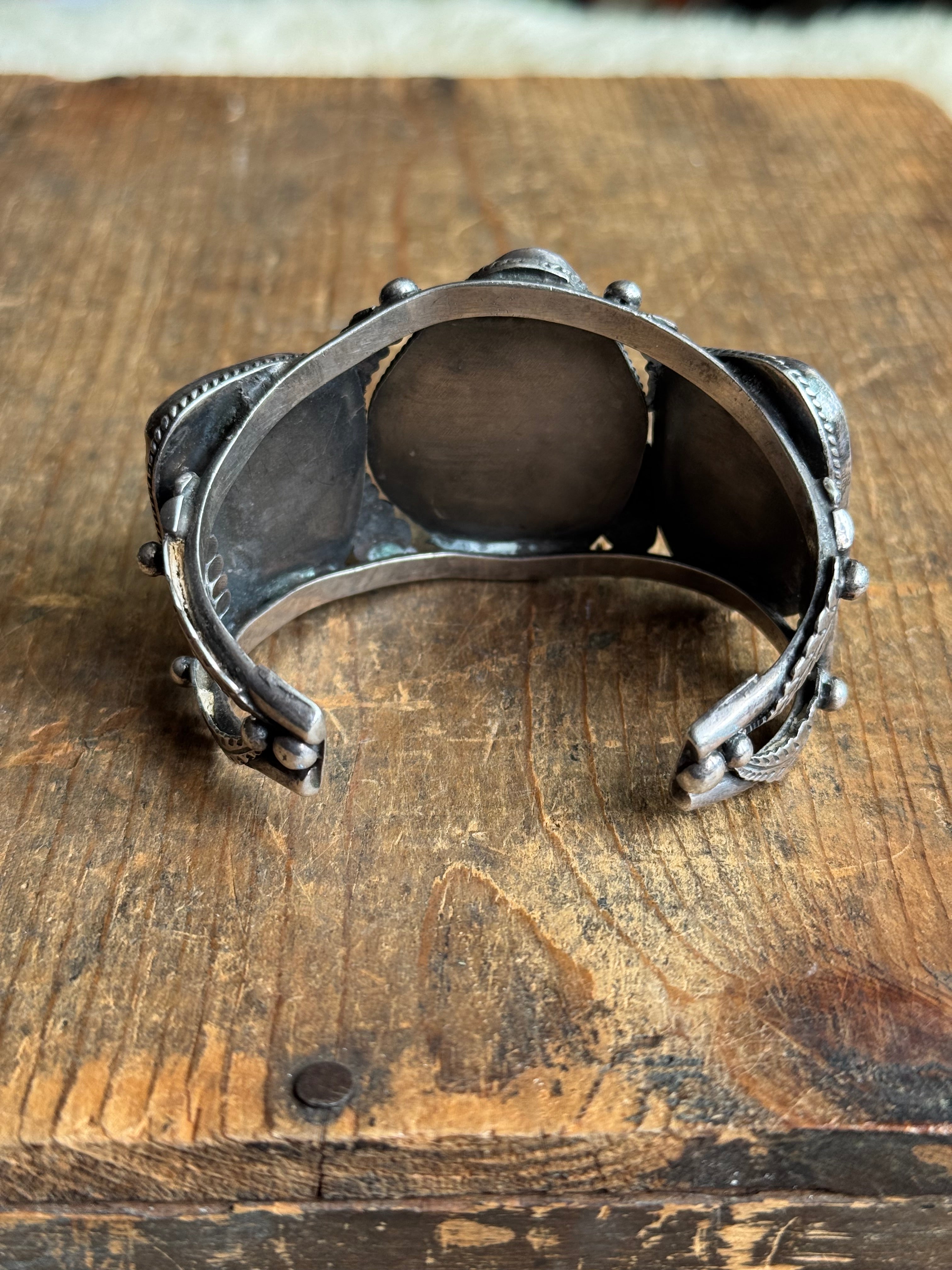 Vintage Sterling Silver 3 Stone Leaf Cuff