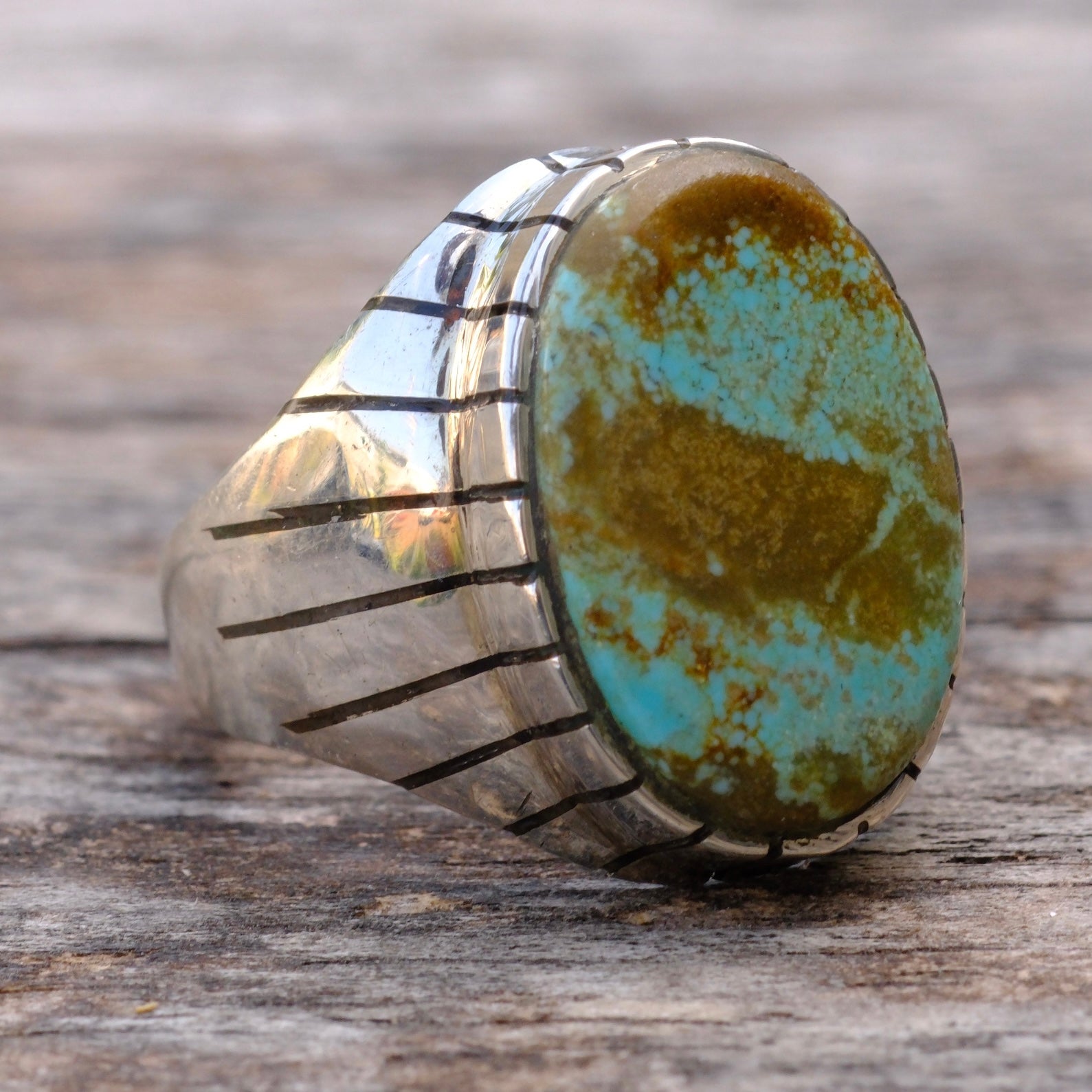 Vintage Sterling Turquoise Ribbed Band Ring 8.75