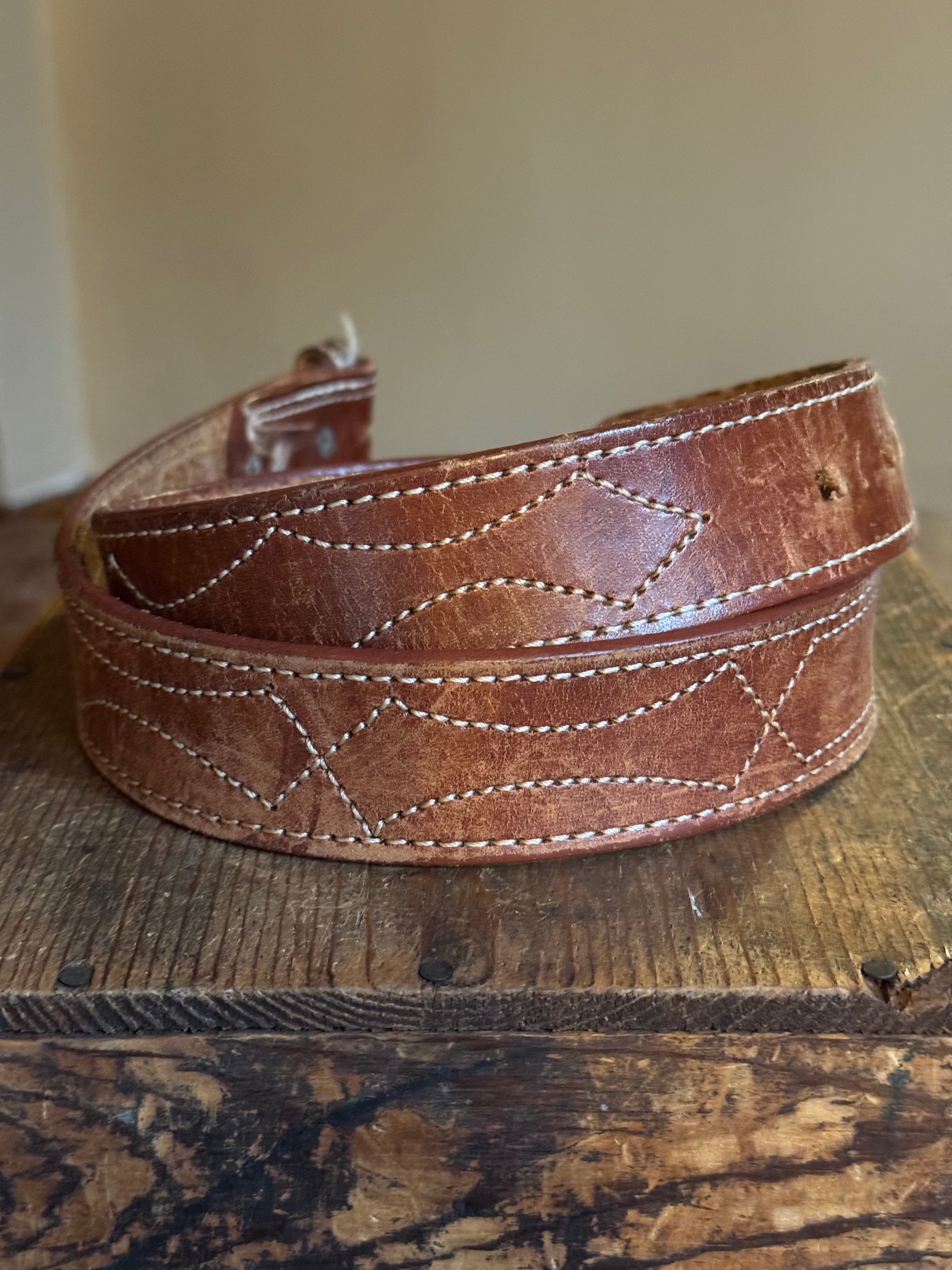 Vintage Western Style Embroidered Brown Leather Belt