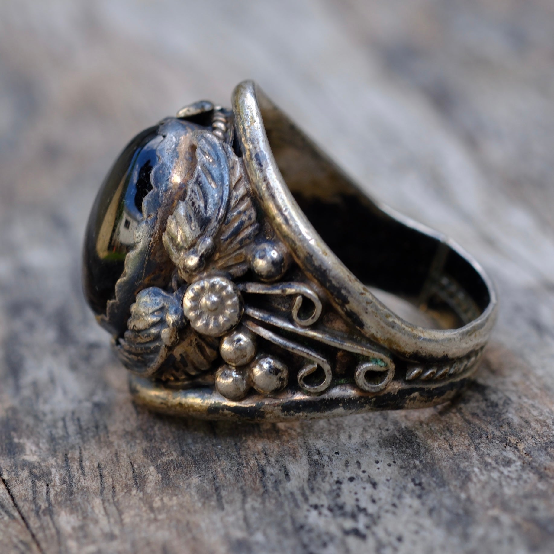 Vintage Sterling Onyx Feather Ring 11.25