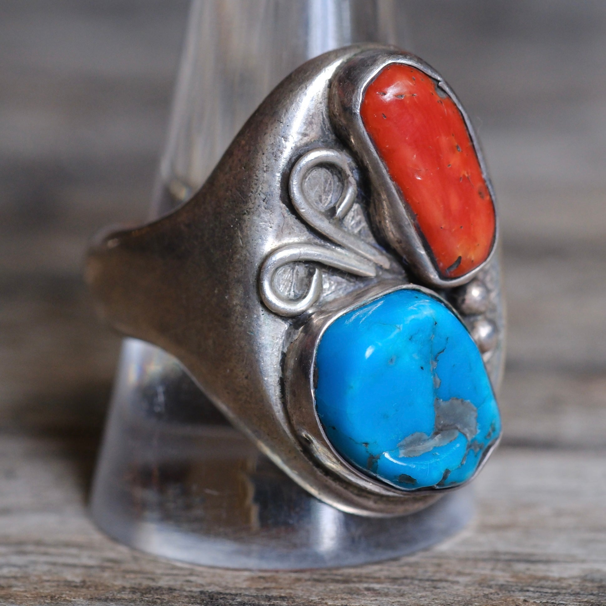 Vintage Sterling Turquoise and Coral Ring 11.5