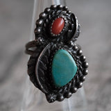 Vintage Sterling Turquoise and Coral Feather Ring 6.75