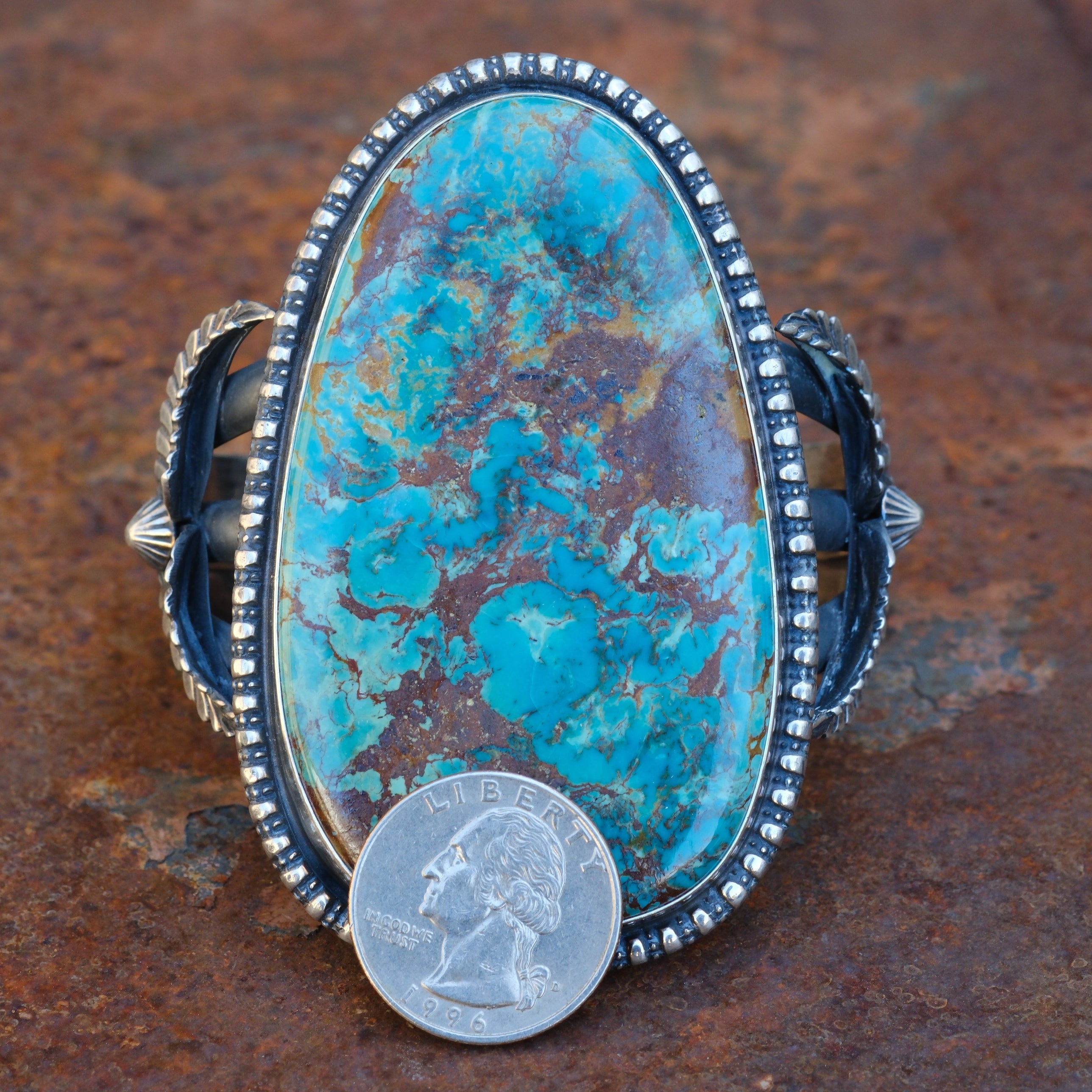 HUGE Vintage Sterling Turquoise Feather Cuff Bracelet