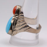 Vintage Sterling Turquoise and Coral Feather Ring 10.75
