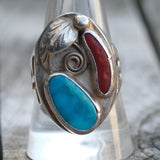 Vintage Sterling Turquoise and Coral Feather Ring 10