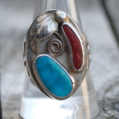 Vintage Sterling Turquoise and Coral Feather Ring 10