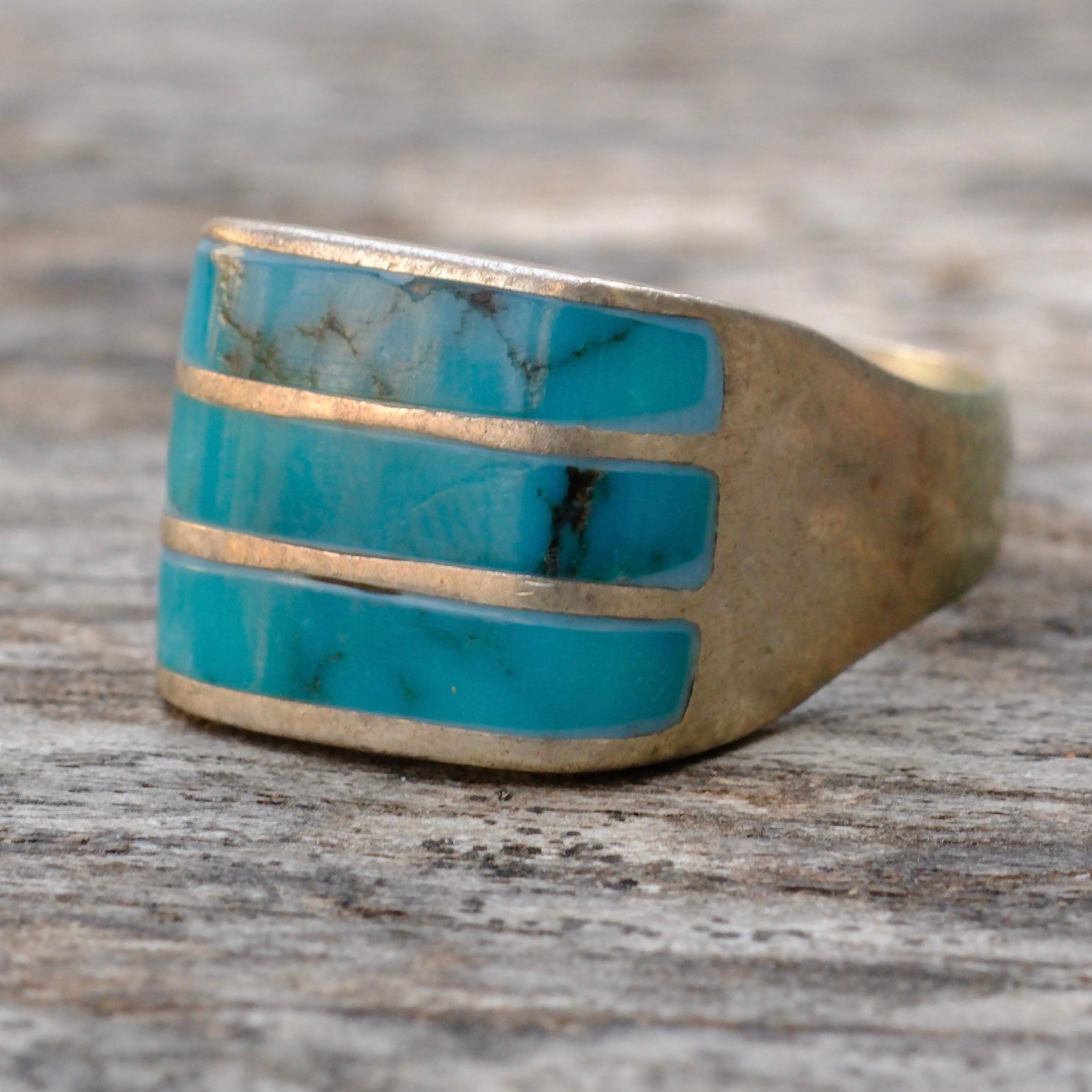 Vintage Sterling Turquoise Inlay Striper Ring 8.5