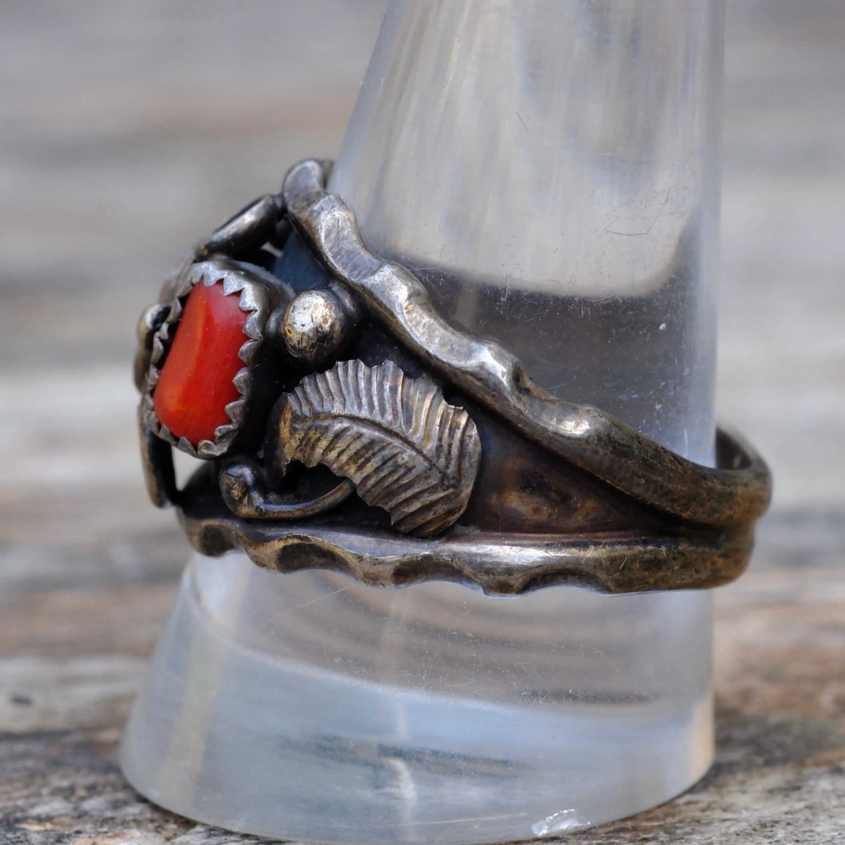 Vintage Sterling Turquoise and Coral Feather Band 12