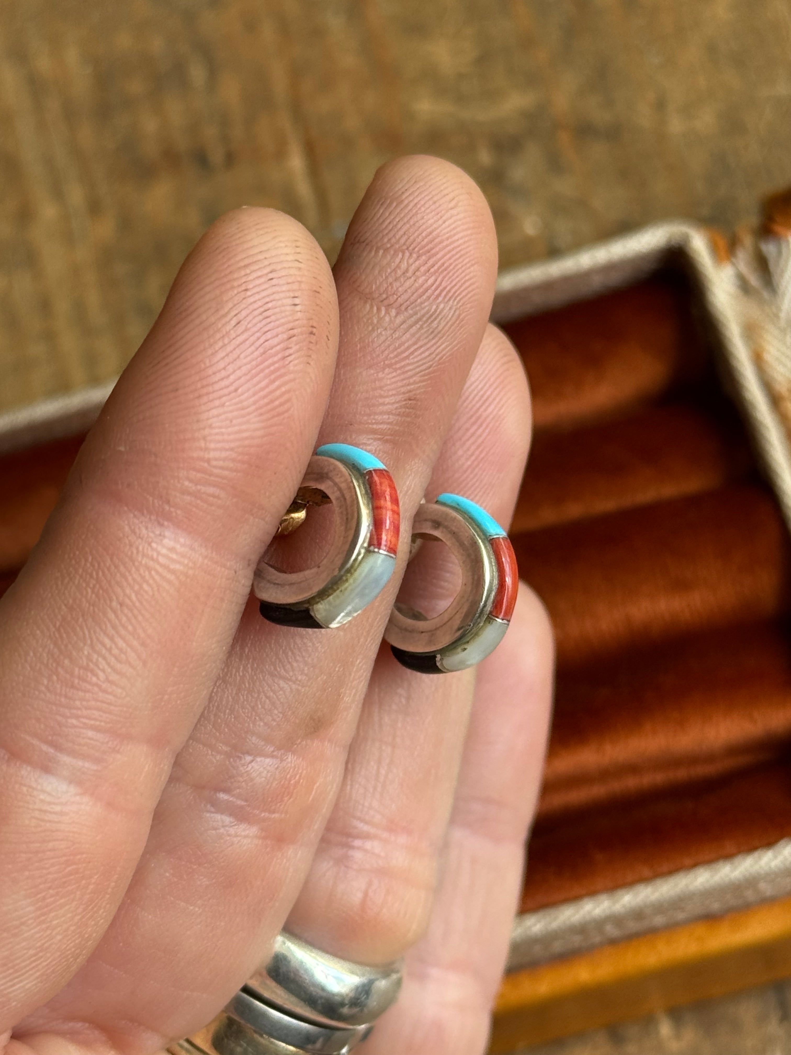 Vintage Sterling Silver Multistone Inlay Hoops