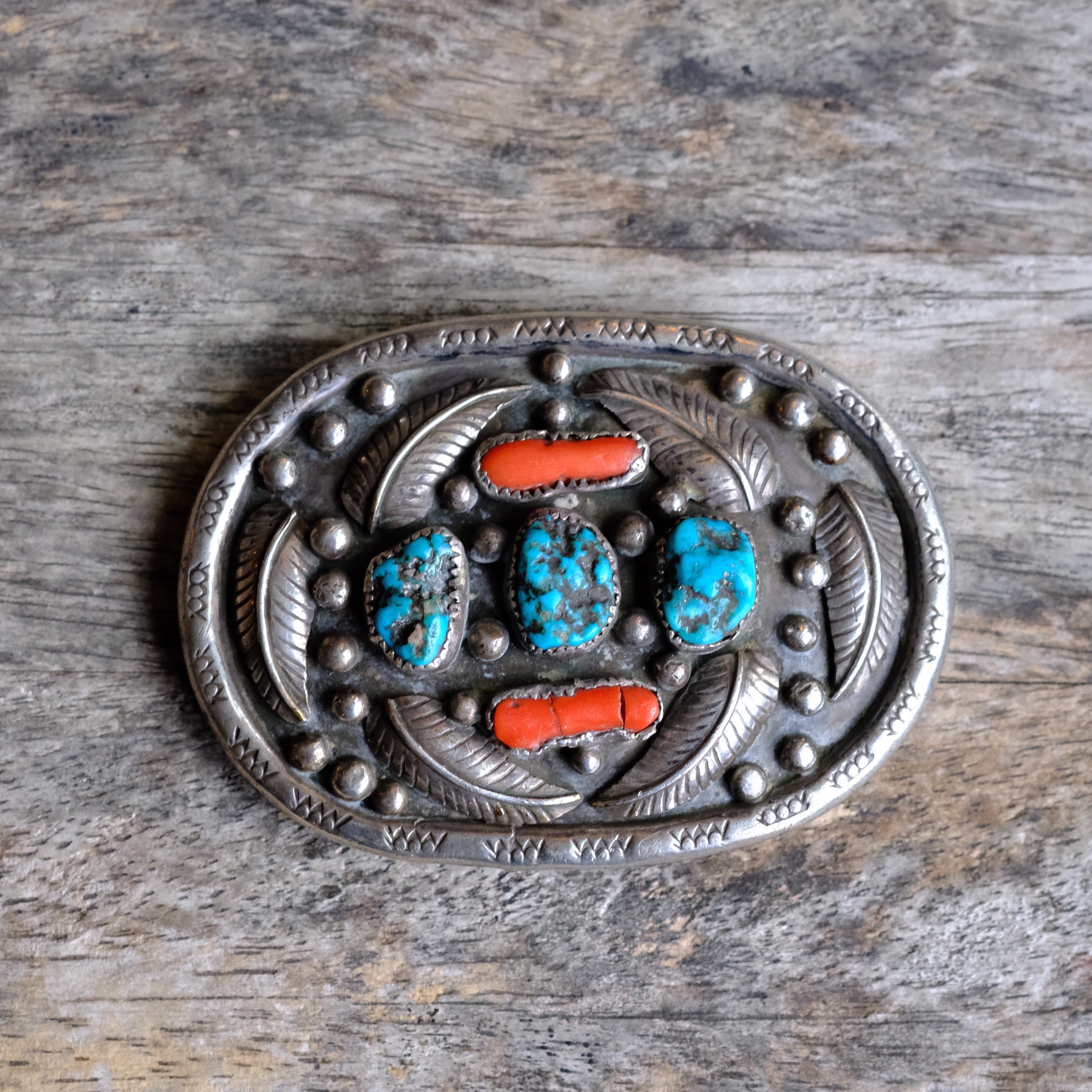 Vintage Sterling Turquoise and Coral Belt Buckle