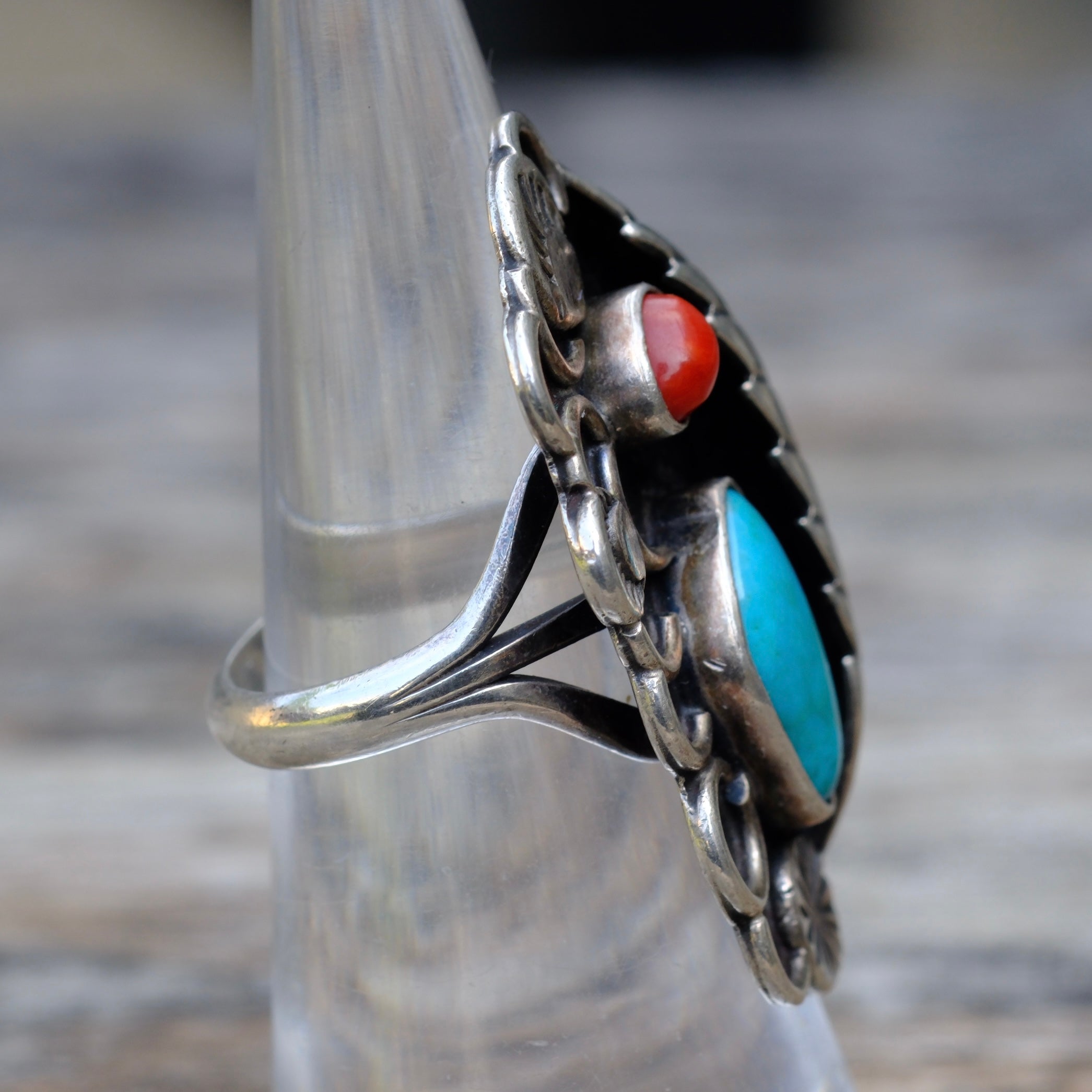 Vintage Sterling Turquoise and Coral Feather Ring 6.5