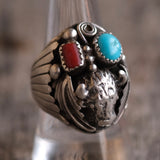 Vintage Sterling Turquoise and Coral Buffalo Ring 9