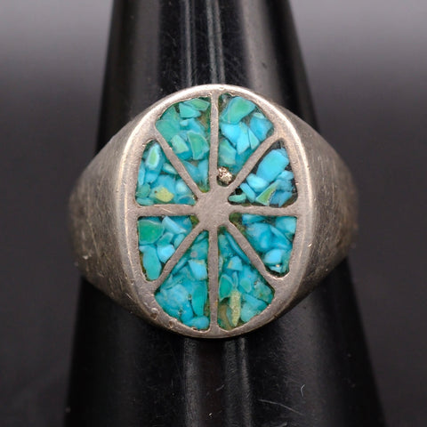 Vintage Sterling Crushed Turquoise Inlay Ring 9.75