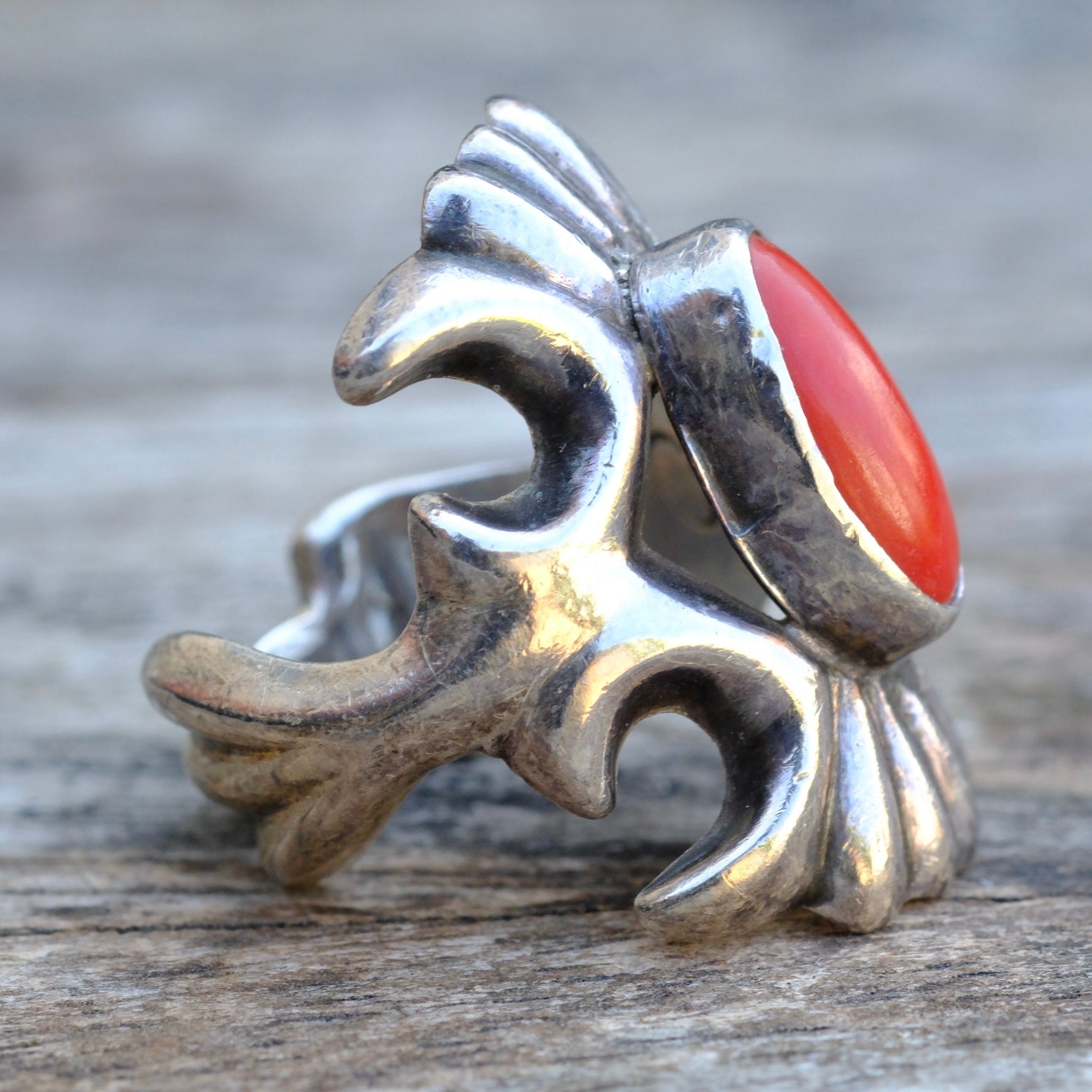 Vintage Sterling Coral Sandcast Ring 5