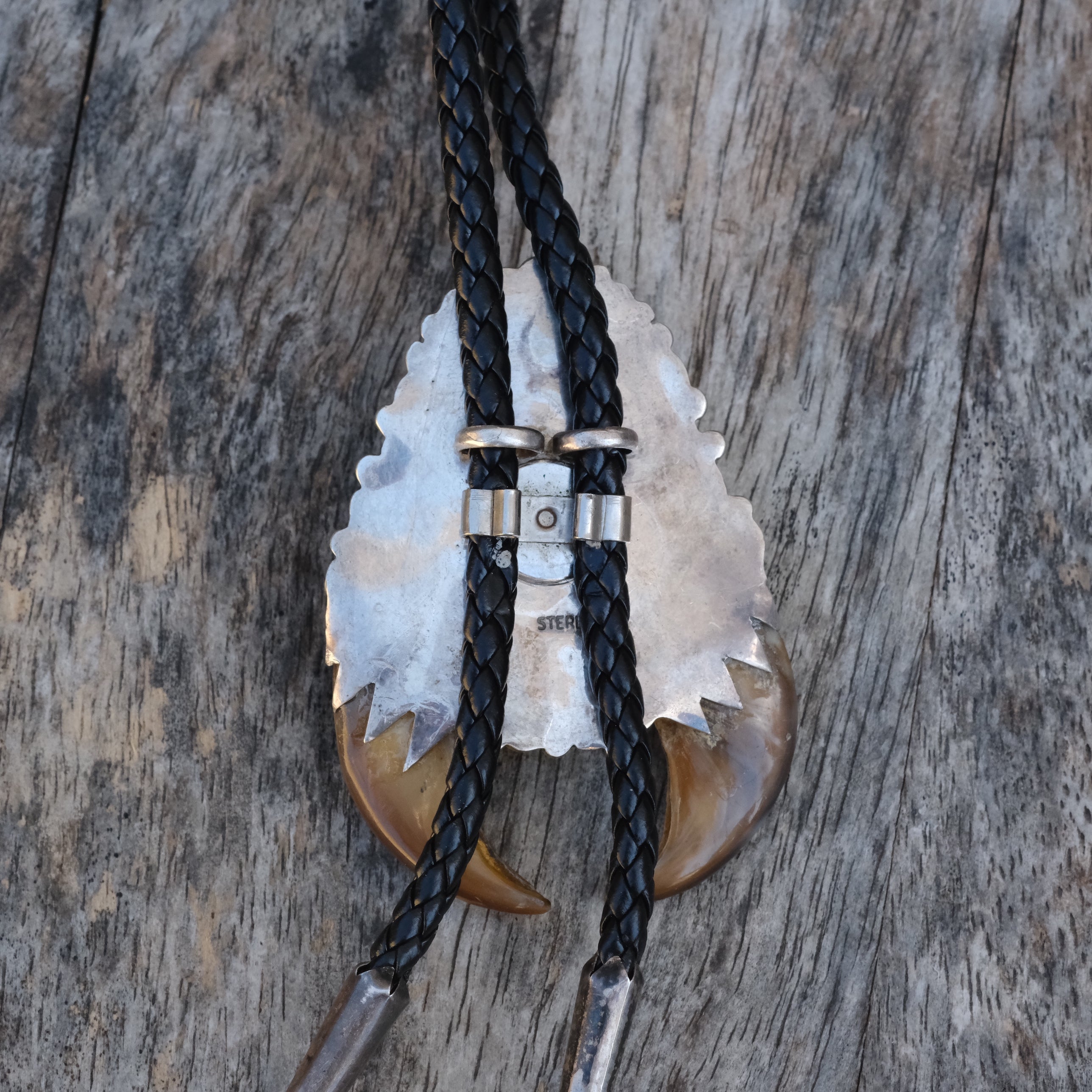 Vintage Sterling Turquoise and Coral Double Bear Claw Bolo TIe
