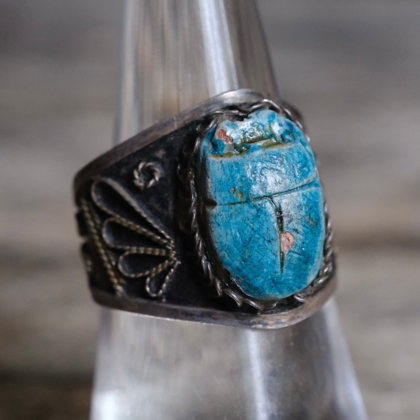 Vintage Sterling Carved Turquoise Scarab Open Back Ring 7.5