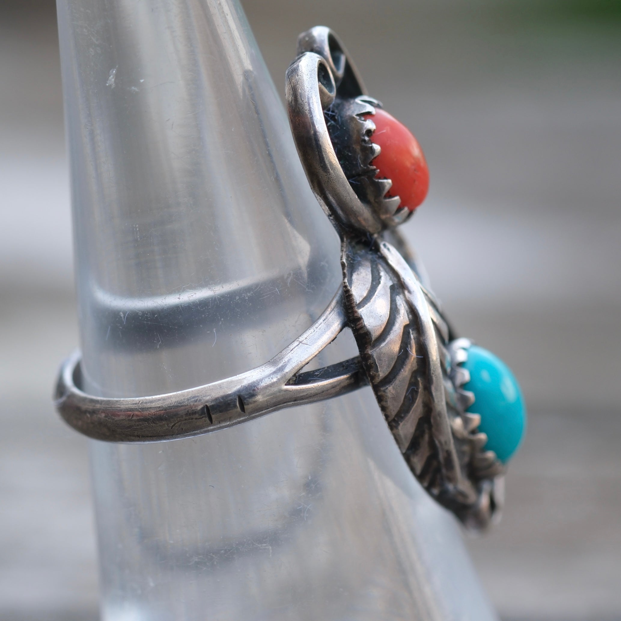 Vintage Sterling Turquoise and Coral Feather Ring 5.75