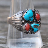 Vintage Sterling Turquoise and Coral Ribbed Band Ring 10.5