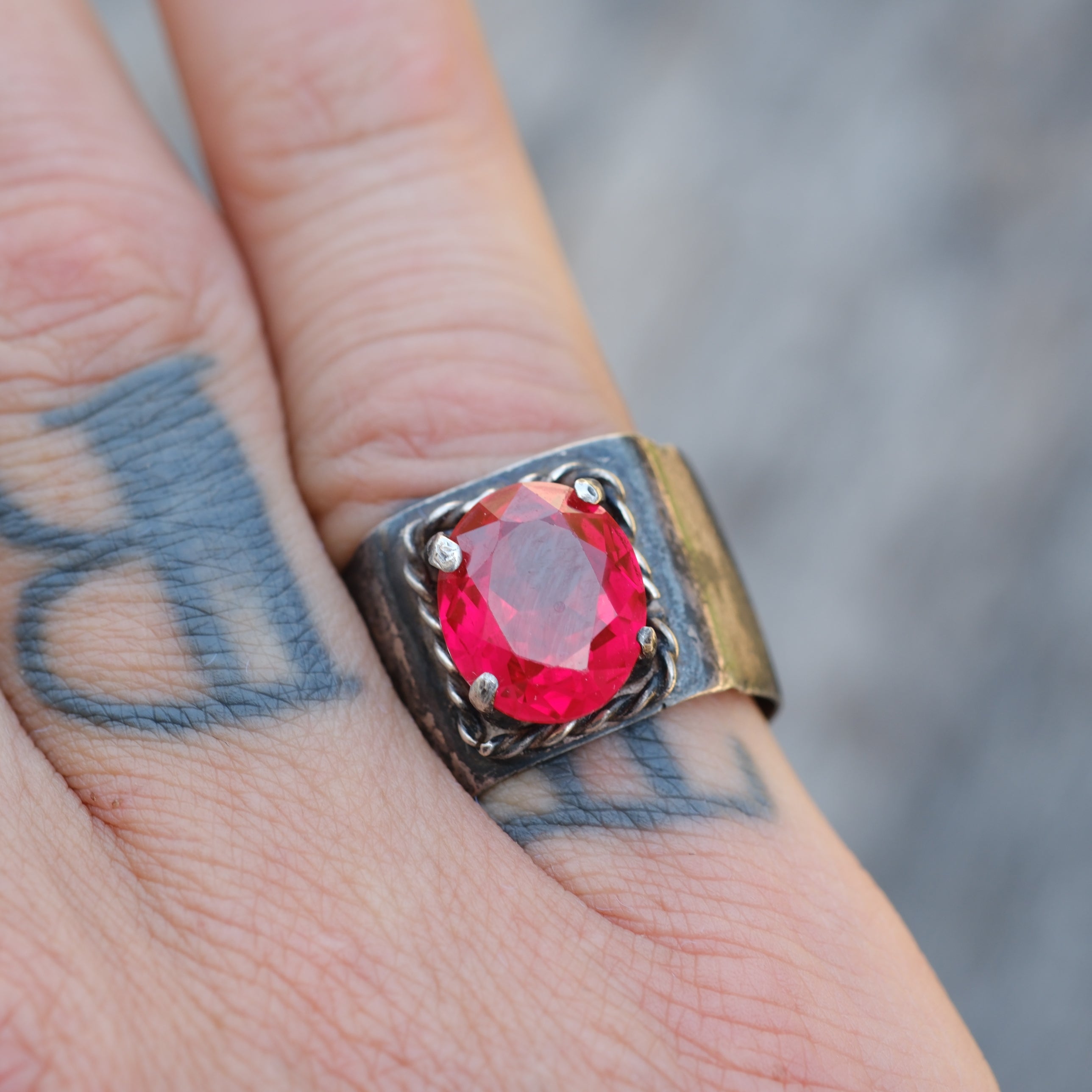 Vintage Sterling Red Glass Ring 7.5