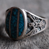 Vintage Sterling Crushed Turquoise Inlay Thunderbird Ring 12.5