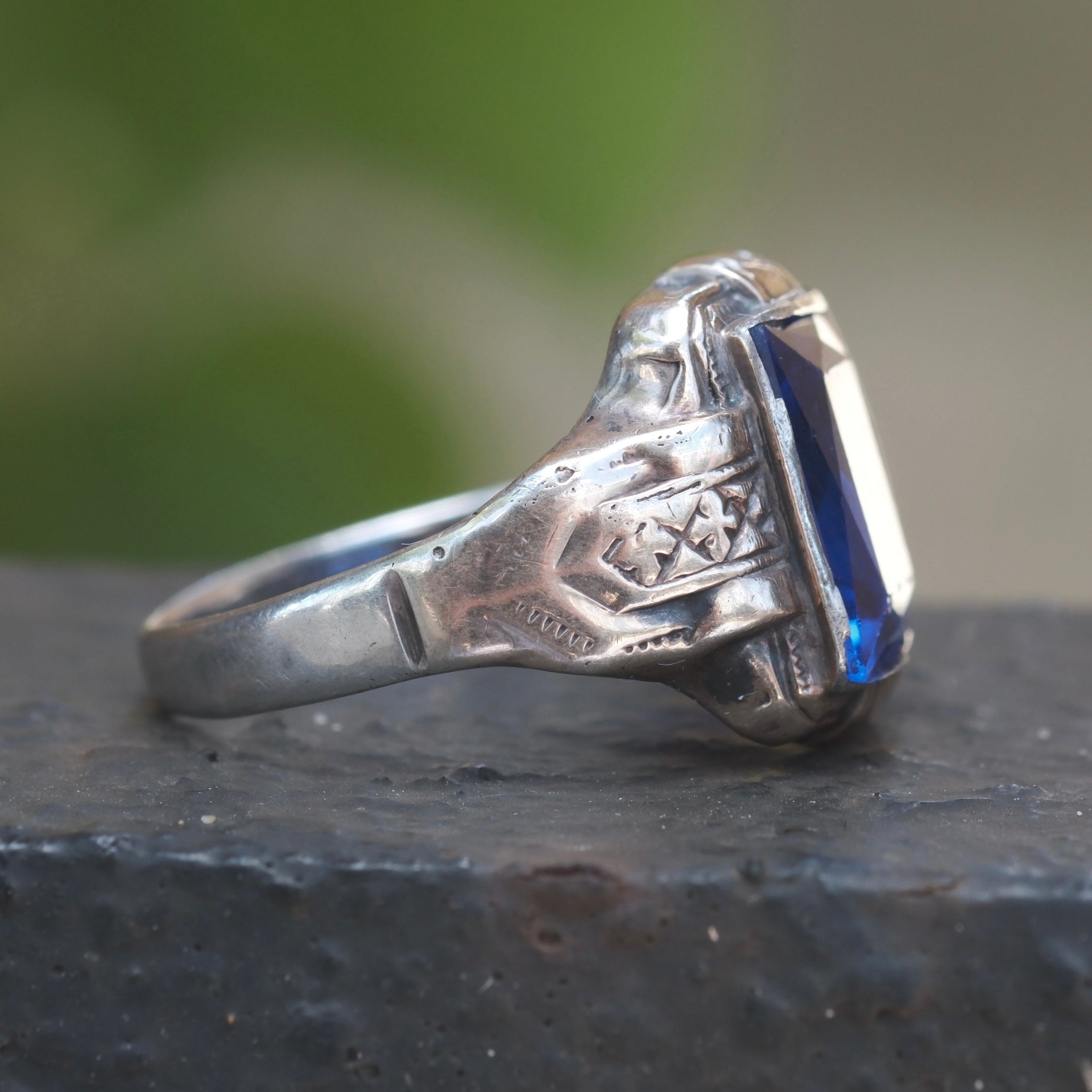 Vintage Sterling Blue Glass Signet Ring 10.25