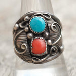 Vintage Sterling Turquoise and Coral Feather Ring 10.5