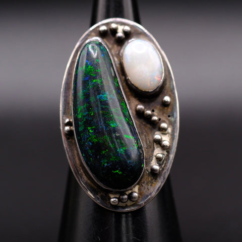 Vintage Sterling Mother Of Pearl and Faux Opal Ring 6.75