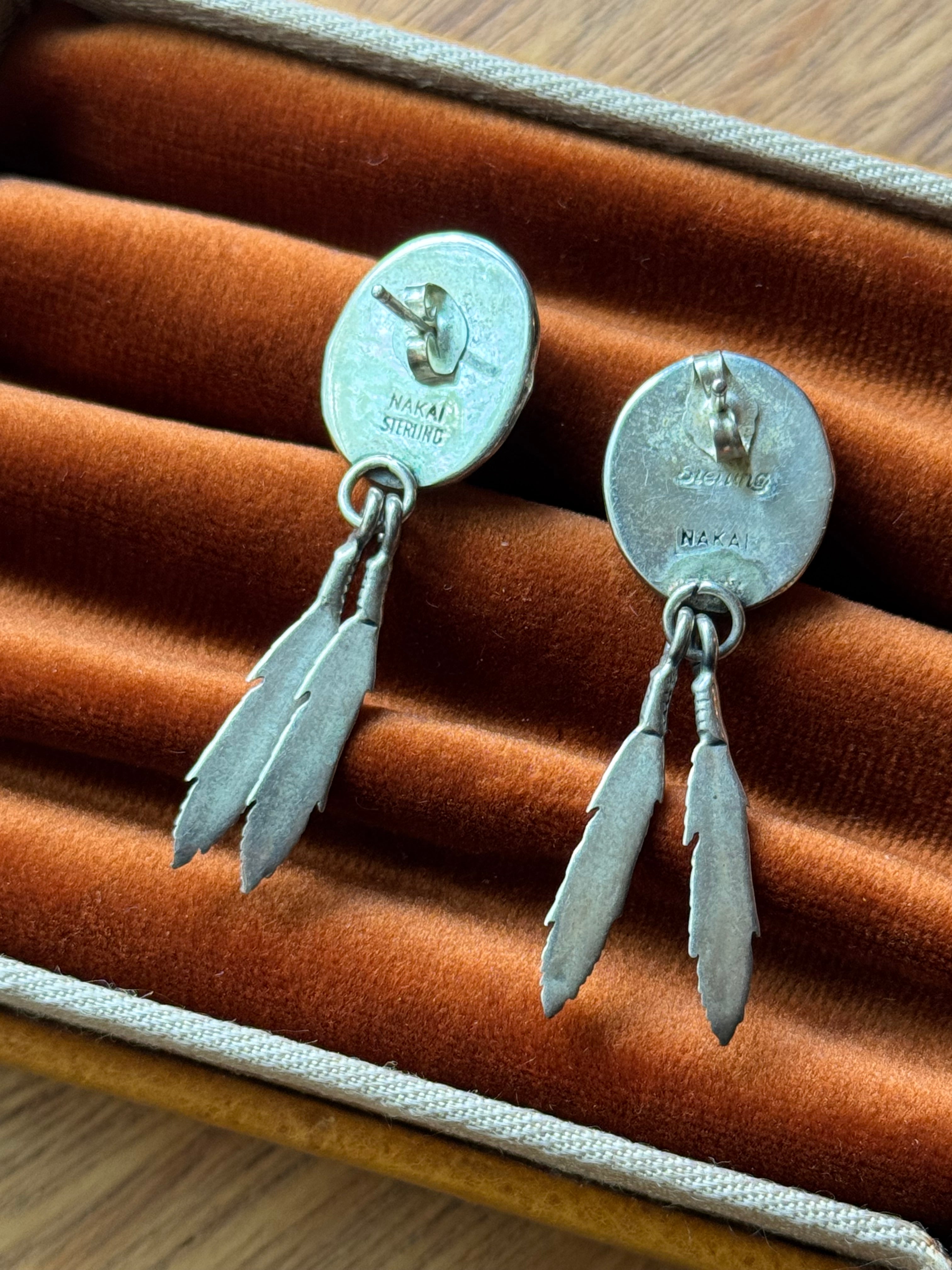 Vintage Sterling Silver Turquoise Feather Earrings