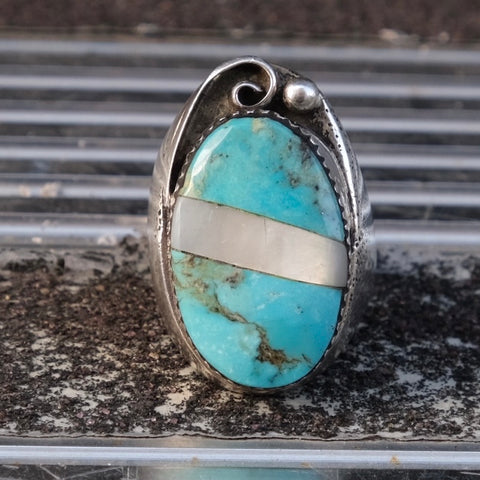 Vintage Sterling Turquoise and Mother Of Pearl Inlay Ring 9.5