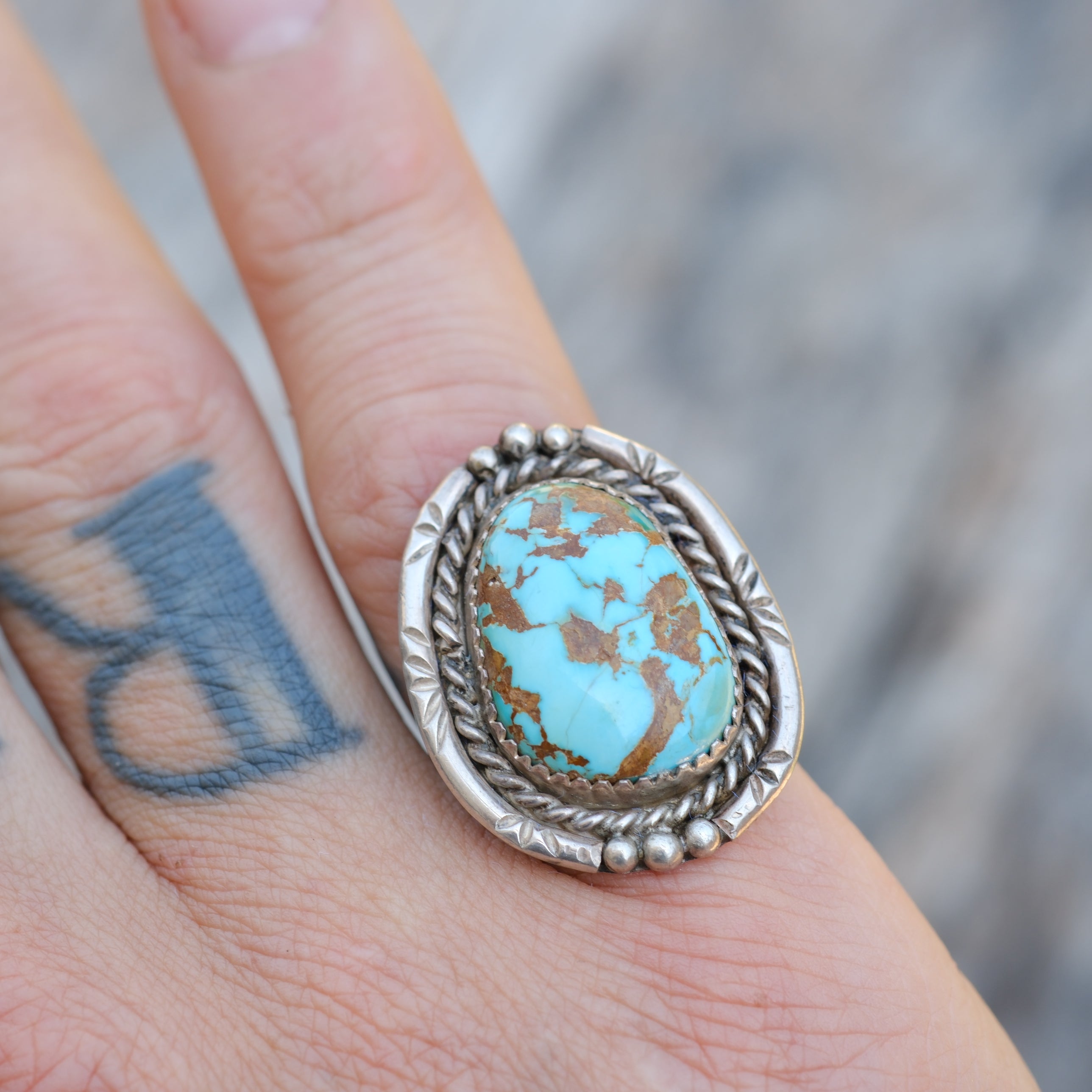 Vintage Sterling Turquoise Roper Ring 7