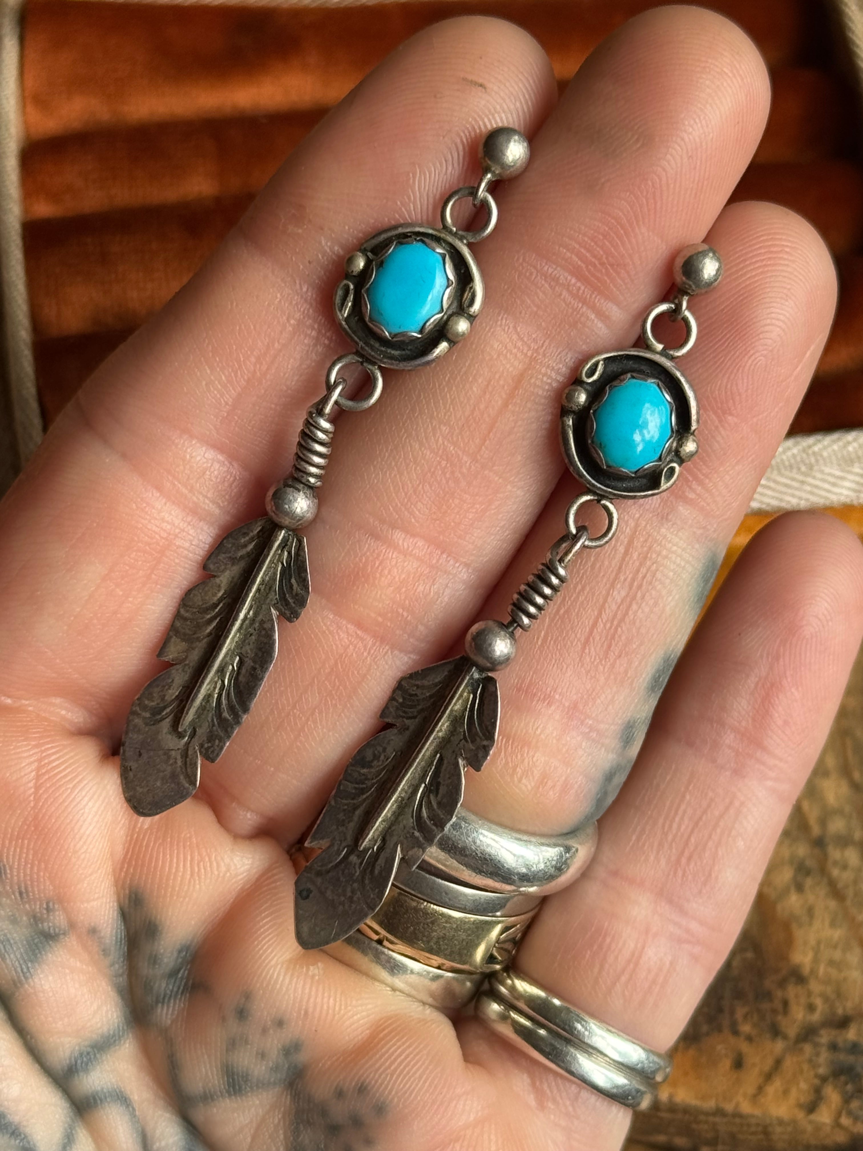 Vintage Sterling Silver Turquoise Feather Earrings