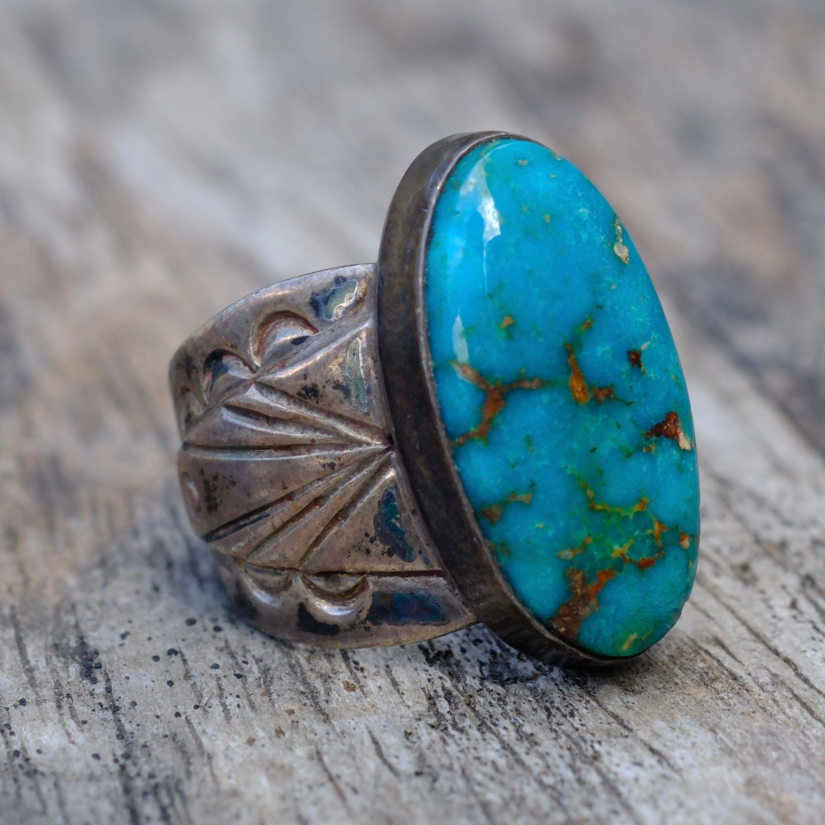 Vintage Sterling Turquoise Stamped Band Ring 5