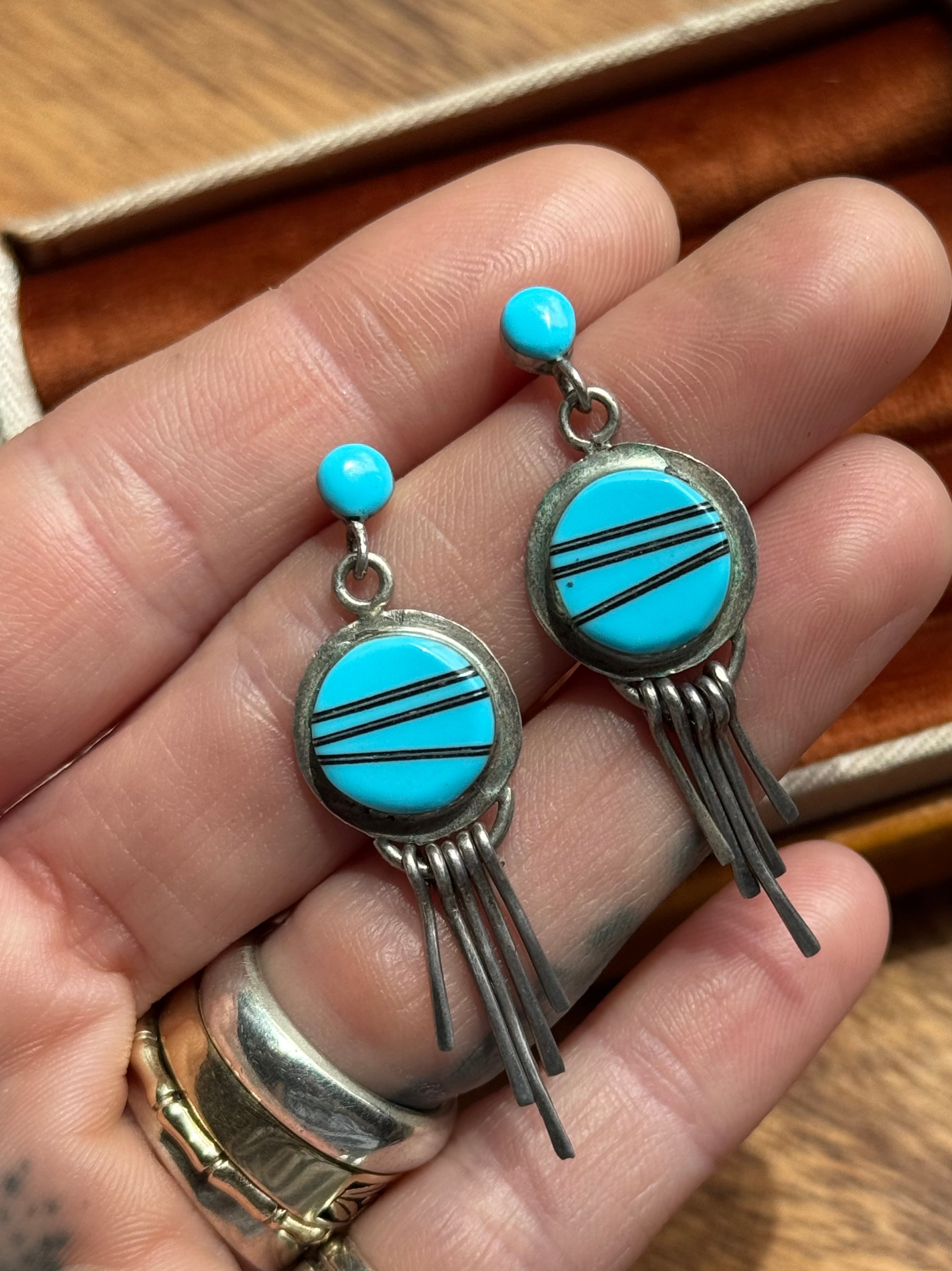 Vintage Sterling Silver Turquoise Inlay Fringe Earrings