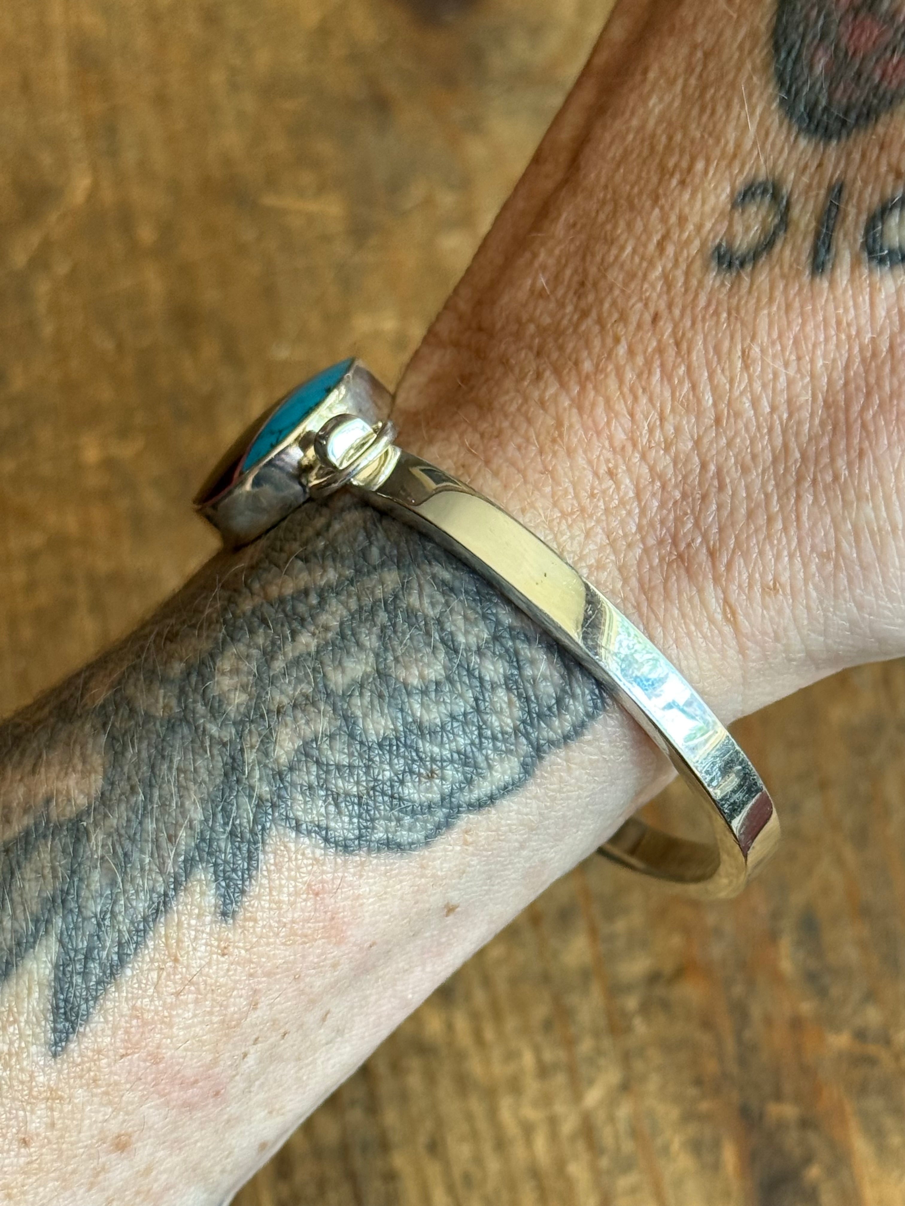 Vintage Sterling Silver Turquoise & Onyx Inlay Latch Bracelet