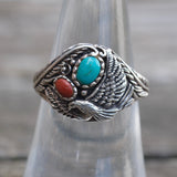 Vintage Sterling Turquoise and Coral Eagle Ring 6.75