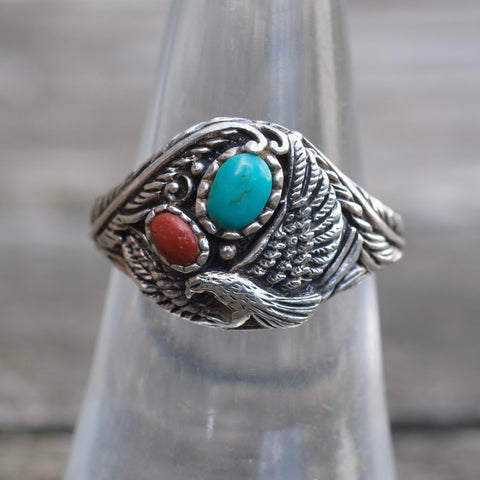 Vintage Sterling Turquoise and Coral Eagle Ring 6.75