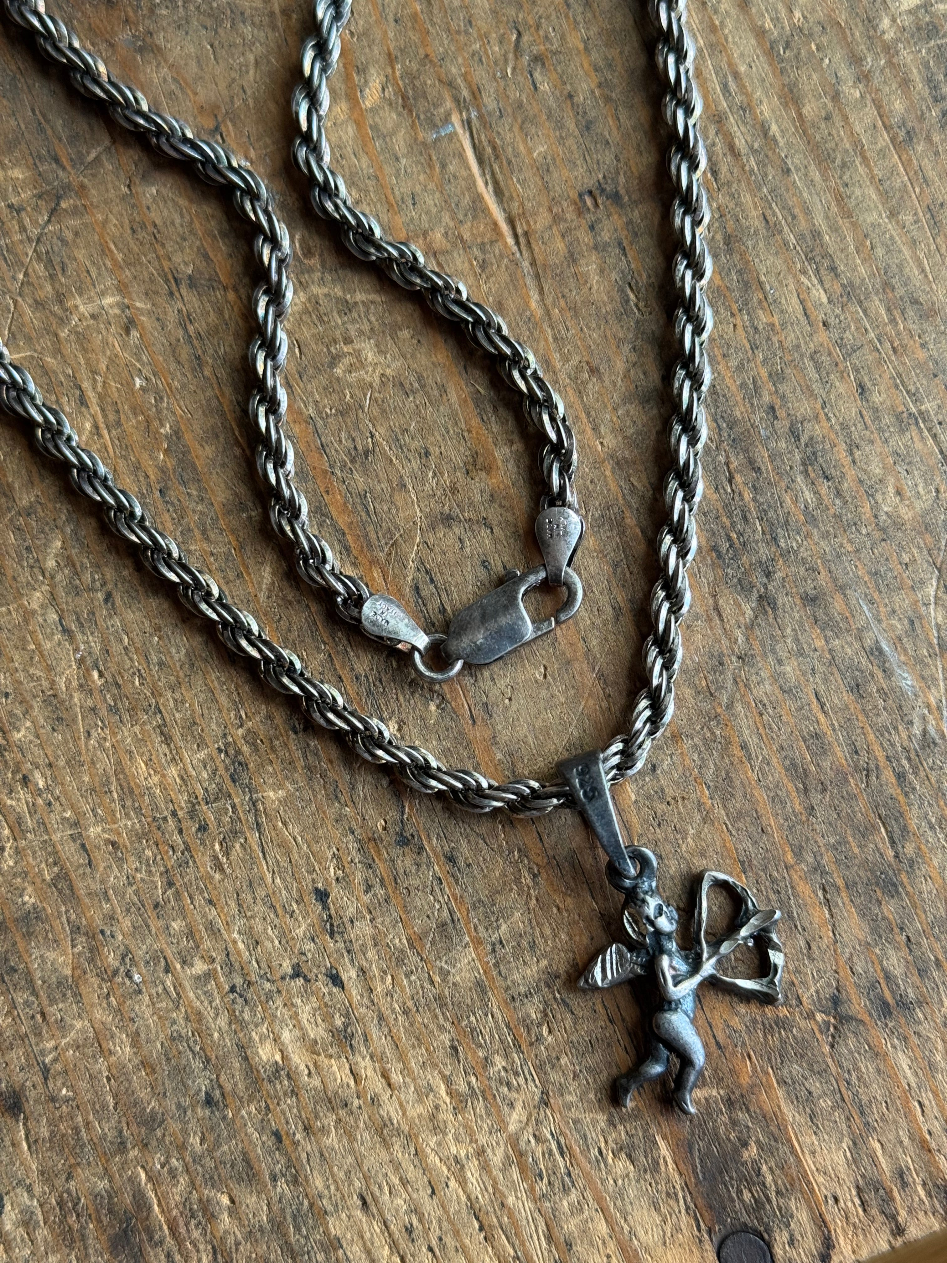 Vintage Sterling Silver 35” Heavy Rope Cherub Chain