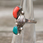 Vintage Sterling Turquoise and Coral Feather Ring 5