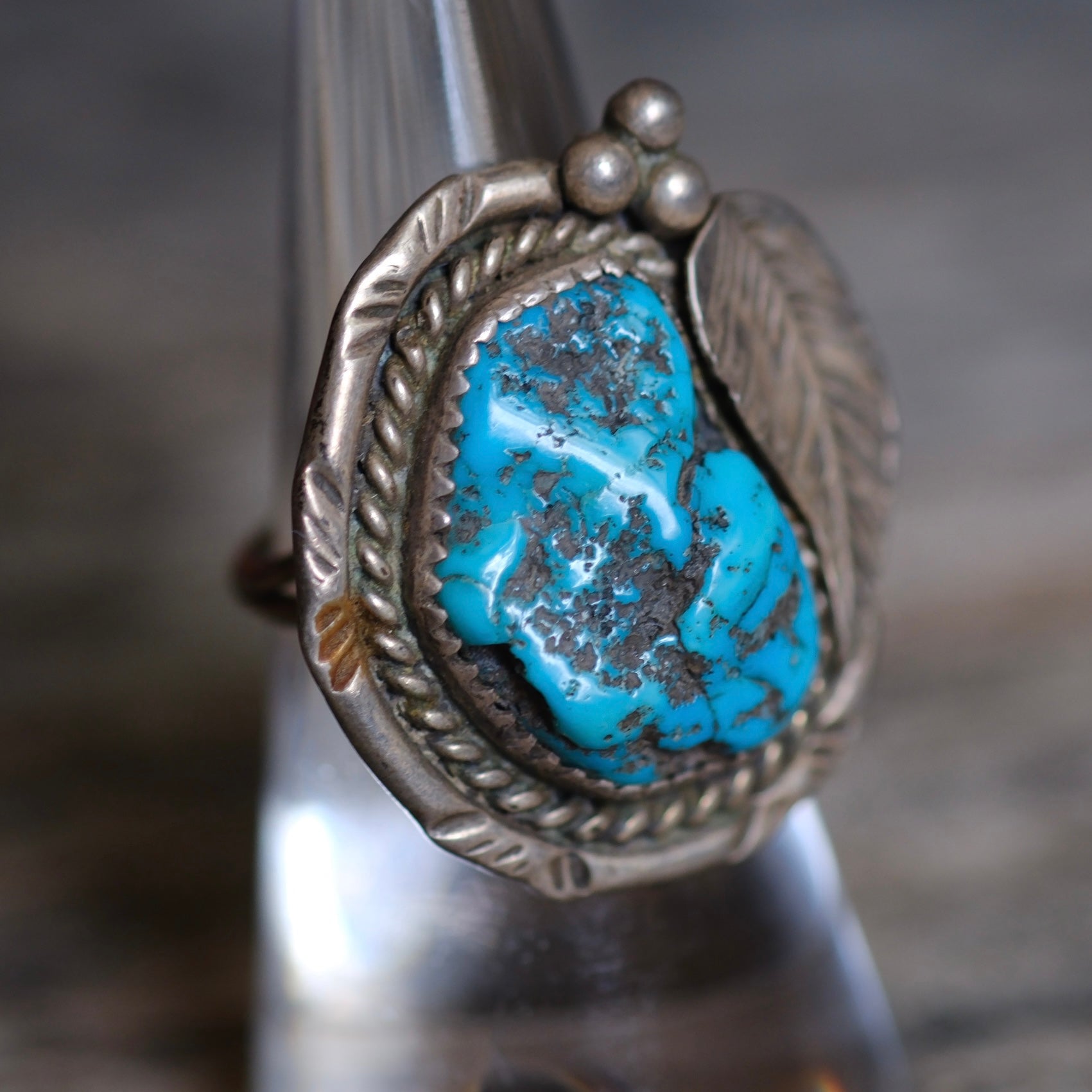 Vintage Sterling Chunky Turquoise Feather Ring 6.75