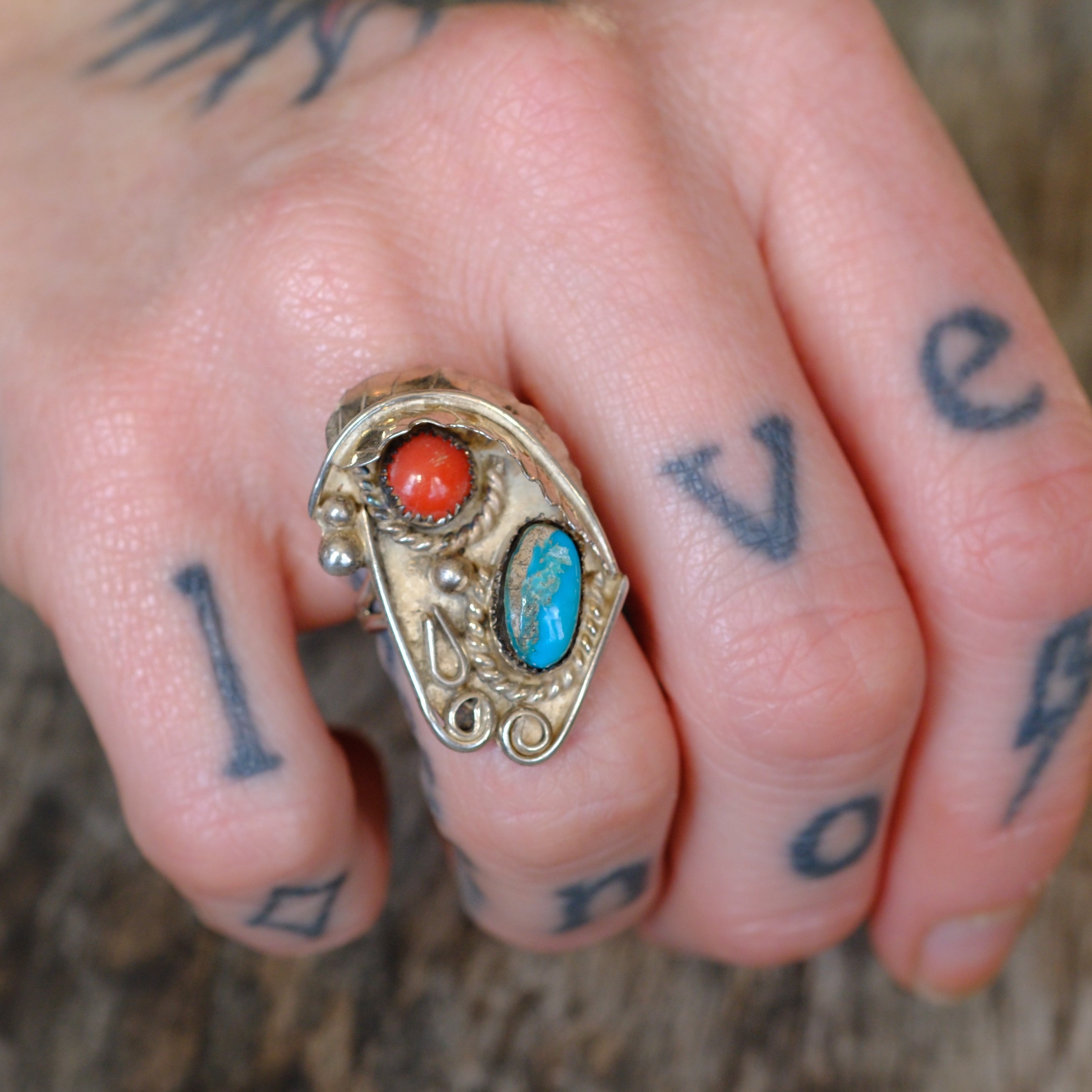 Vintage Sterling Turquoise and Coral Feather Ring 5.5