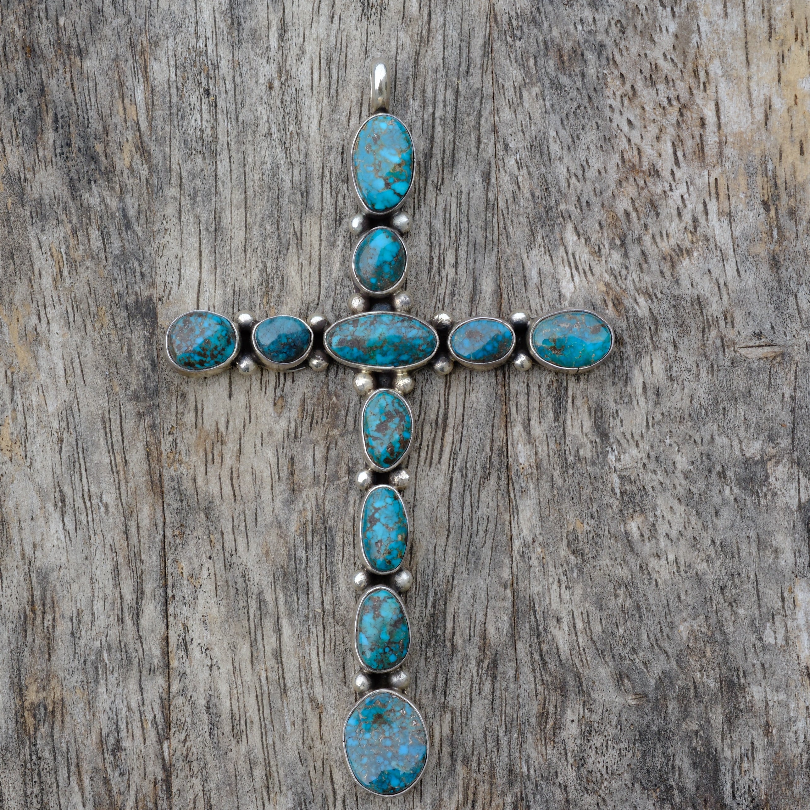 HUGE Vintage Sterling Turquoise Cluster Cross Pendant