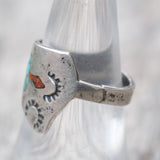 Vintage Sterling Crushed Turquoise and Coral Inlay Waterbird Ring 7.5